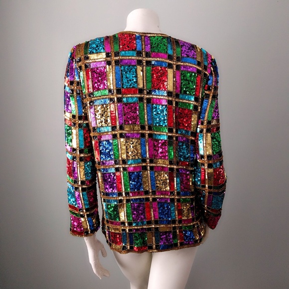 ⛔SOLD⛔ Vintage Rainbow Sequin Trophy Statement Jacket M - Picture 5 of 6